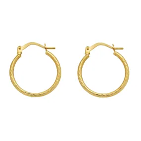 14E00384. - 14 Karat Yellow Gold Diamond Cut Textured Hoop Latch Lock Earrings