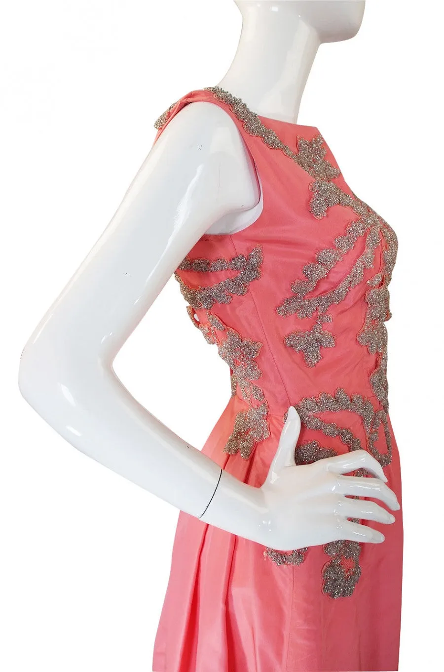 1950s Heavily Beaded Silk Coral Gown