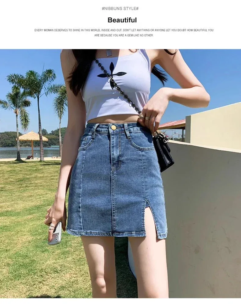 2024 Summer New High Waist Thin Small A Word Package Hip Skirt Half-Body Elastic Skirt Jeans