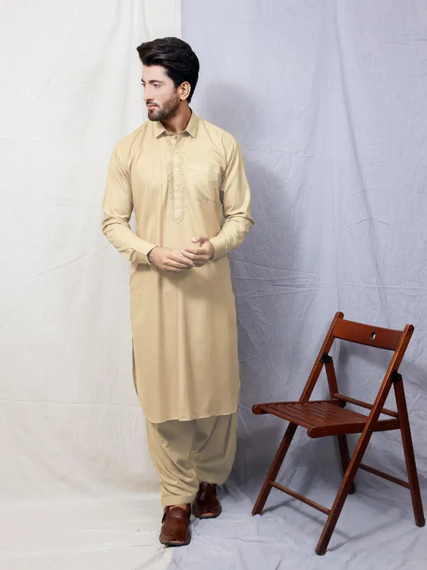 461/2E Men's Kameez Shalwar Stitched Suit Shirt Collar Light Fawn