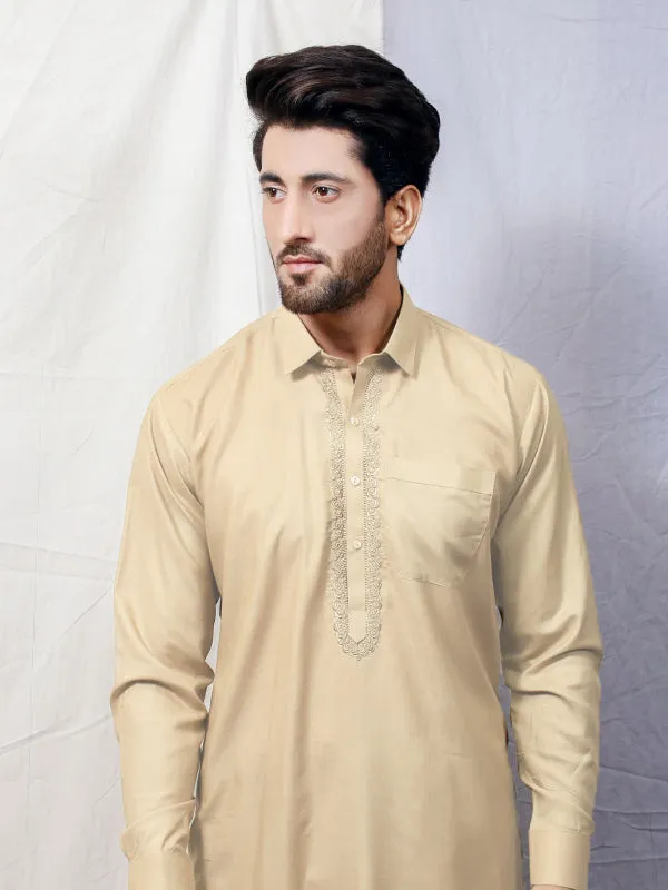 461/2E Men's Kameez Shalwar Stitched Suit Shirt Collar Light Fawn