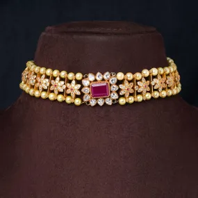 925 Silver Gold Plated Ruby Pearl Choker