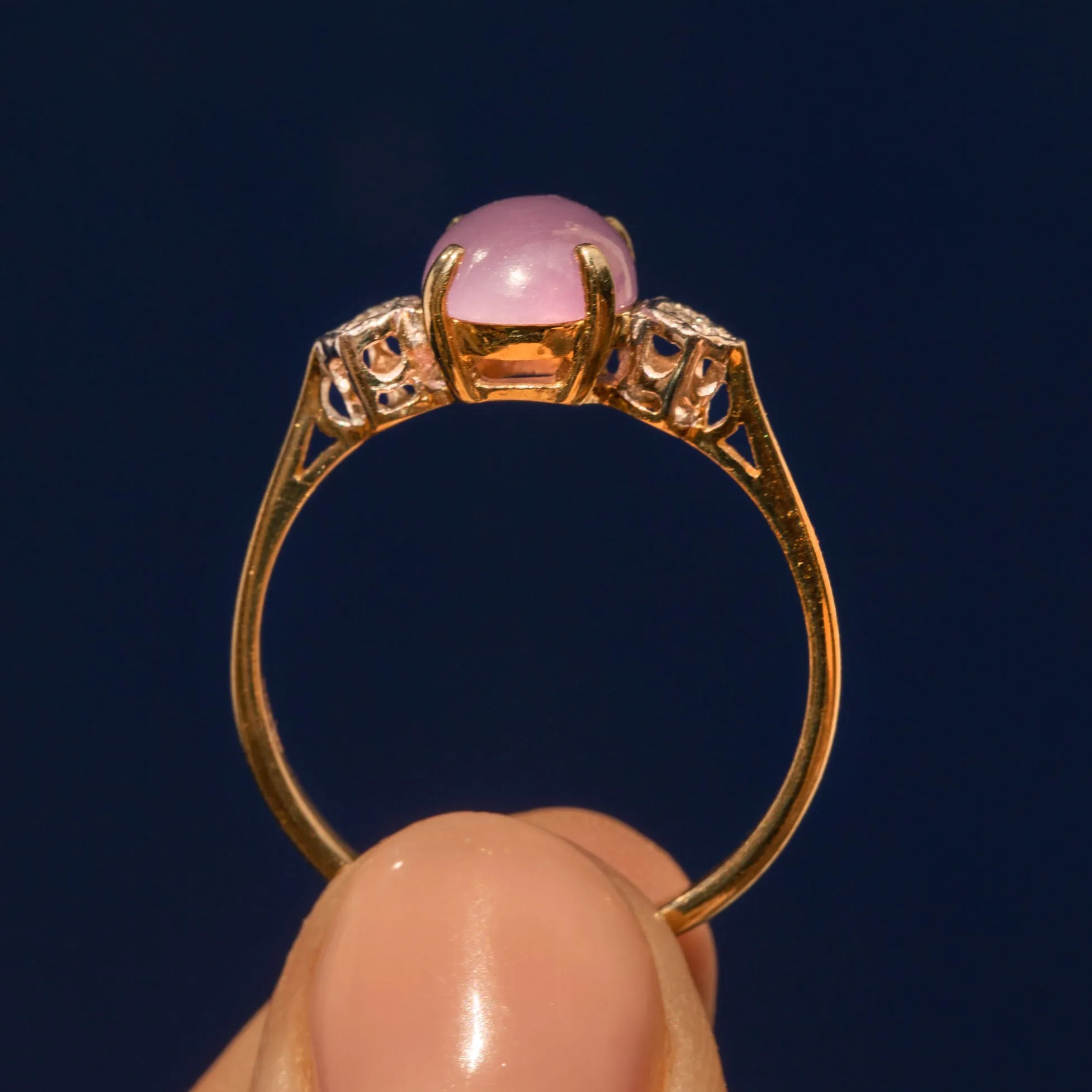 9ct Gold Amethyst Cabochon Diamond Three Stone Ring, 1.35ct Amethyst