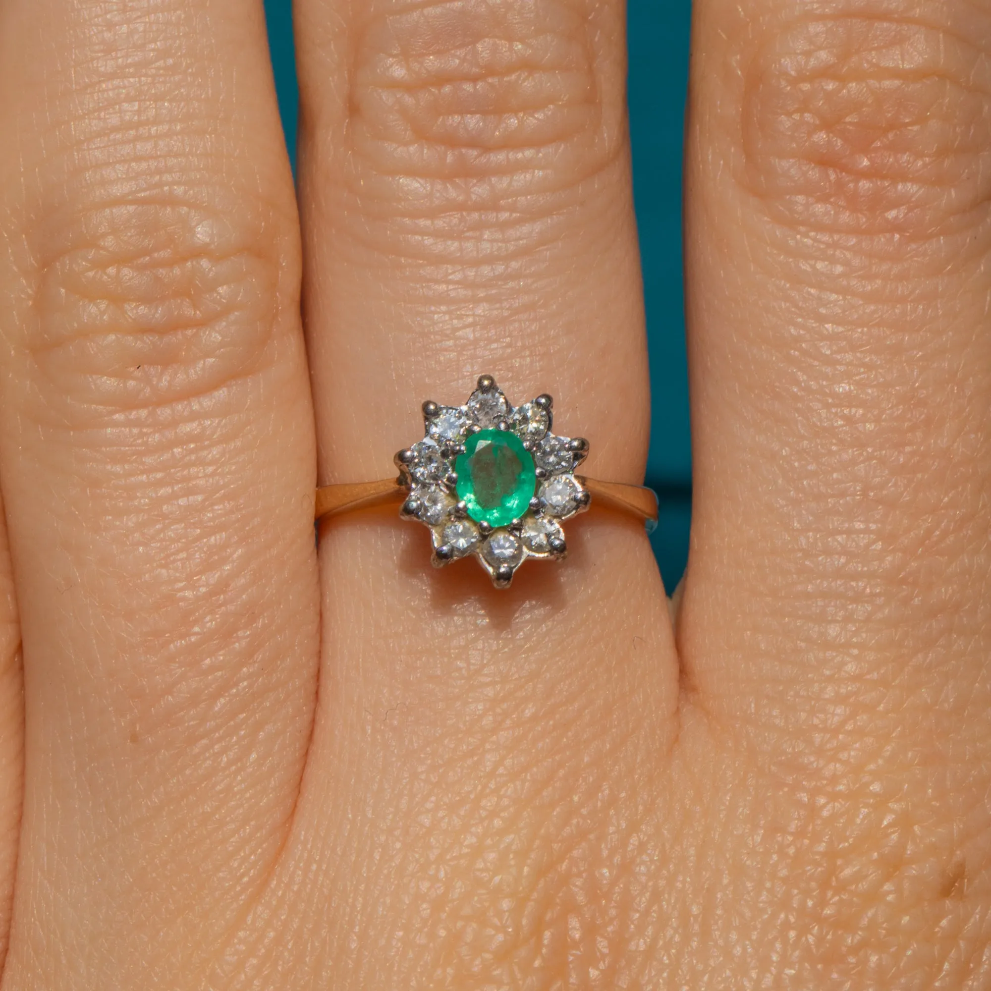 9ct Gold Emerald Diamond Cluster Ring