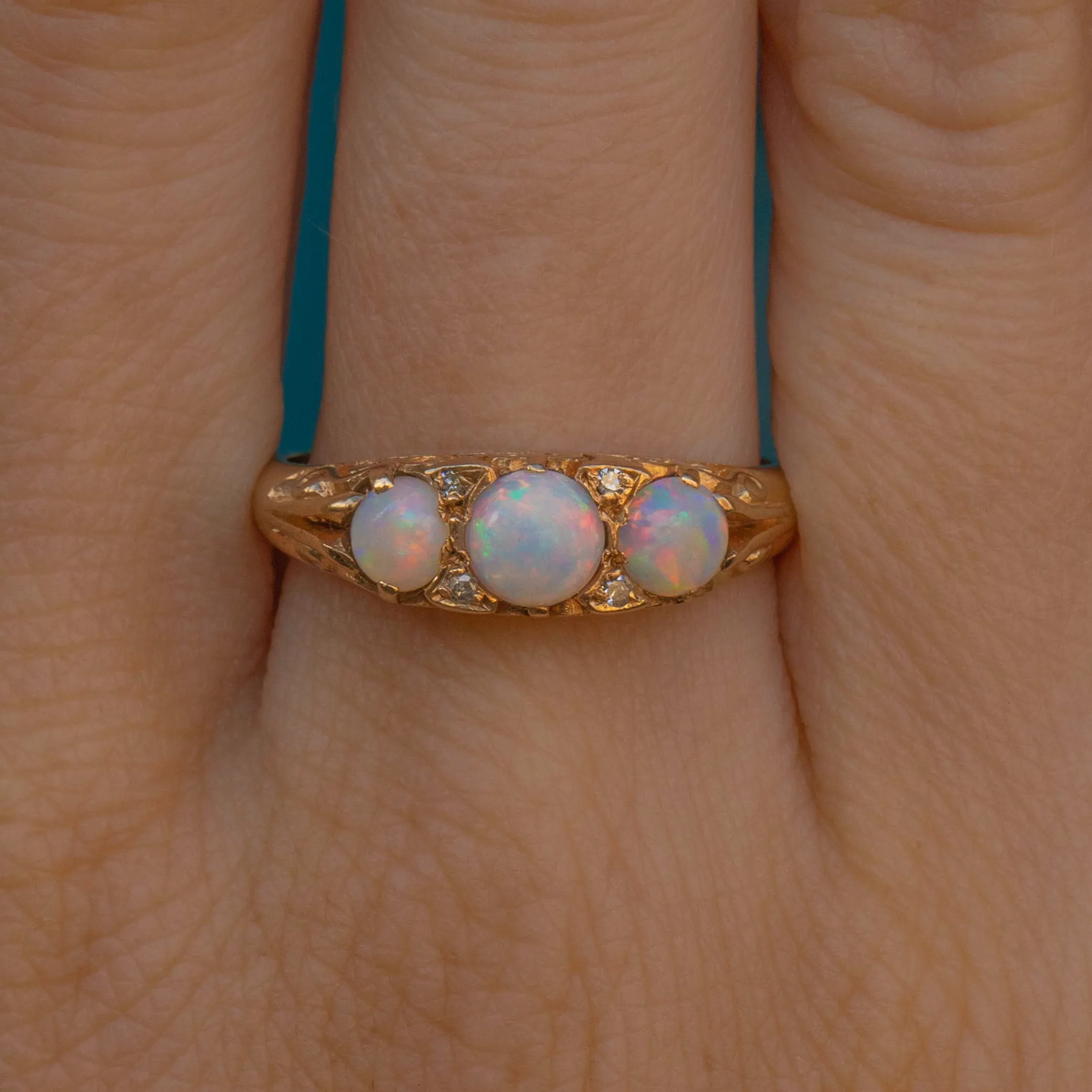 9ct Gold Opal Diamond Three Stone Ring