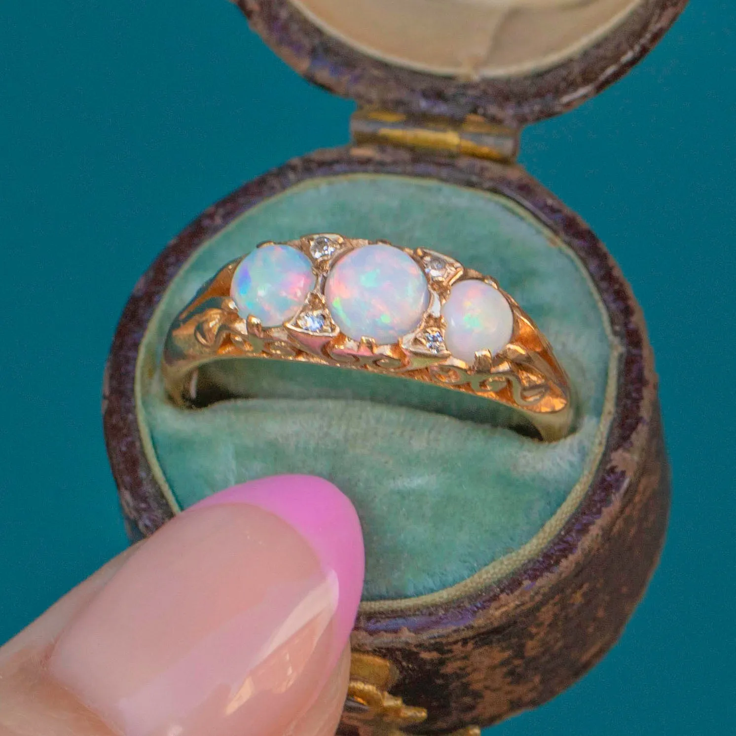 9ct Gold Opal Diamond Three Stone Ring