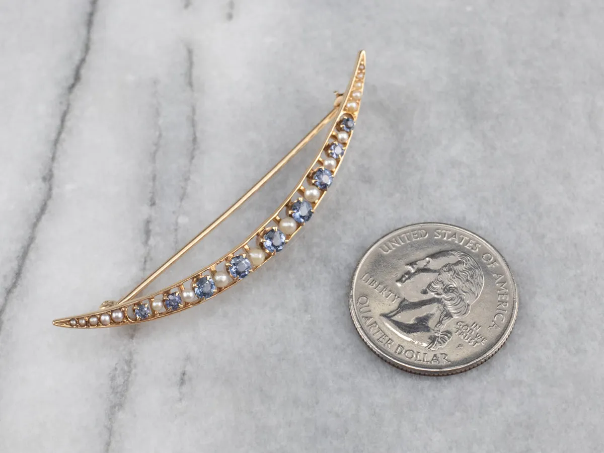 Antique Synthetic Sapphire and Seed Pearl Moon Pin