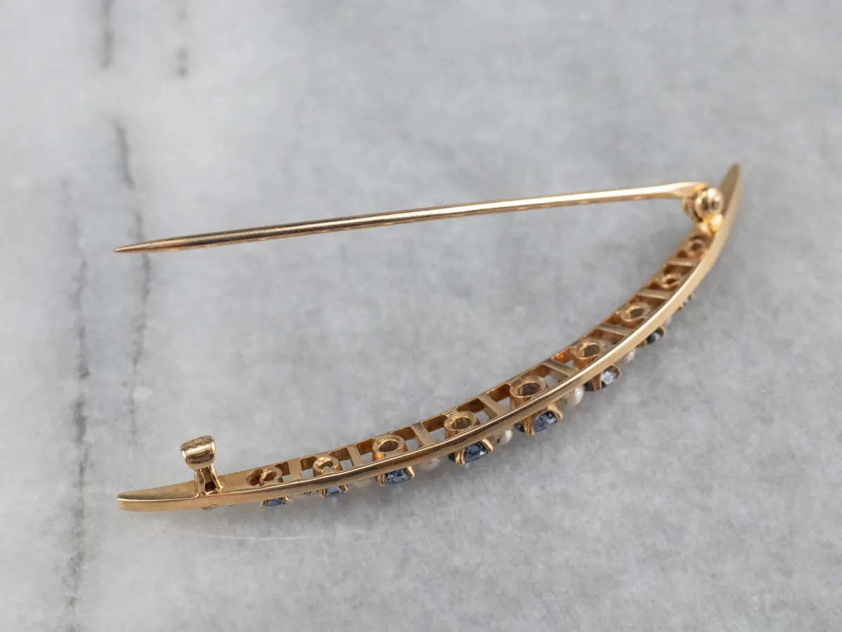 Antique Synthetic Sapphire and Seed Pearl Moon Pin