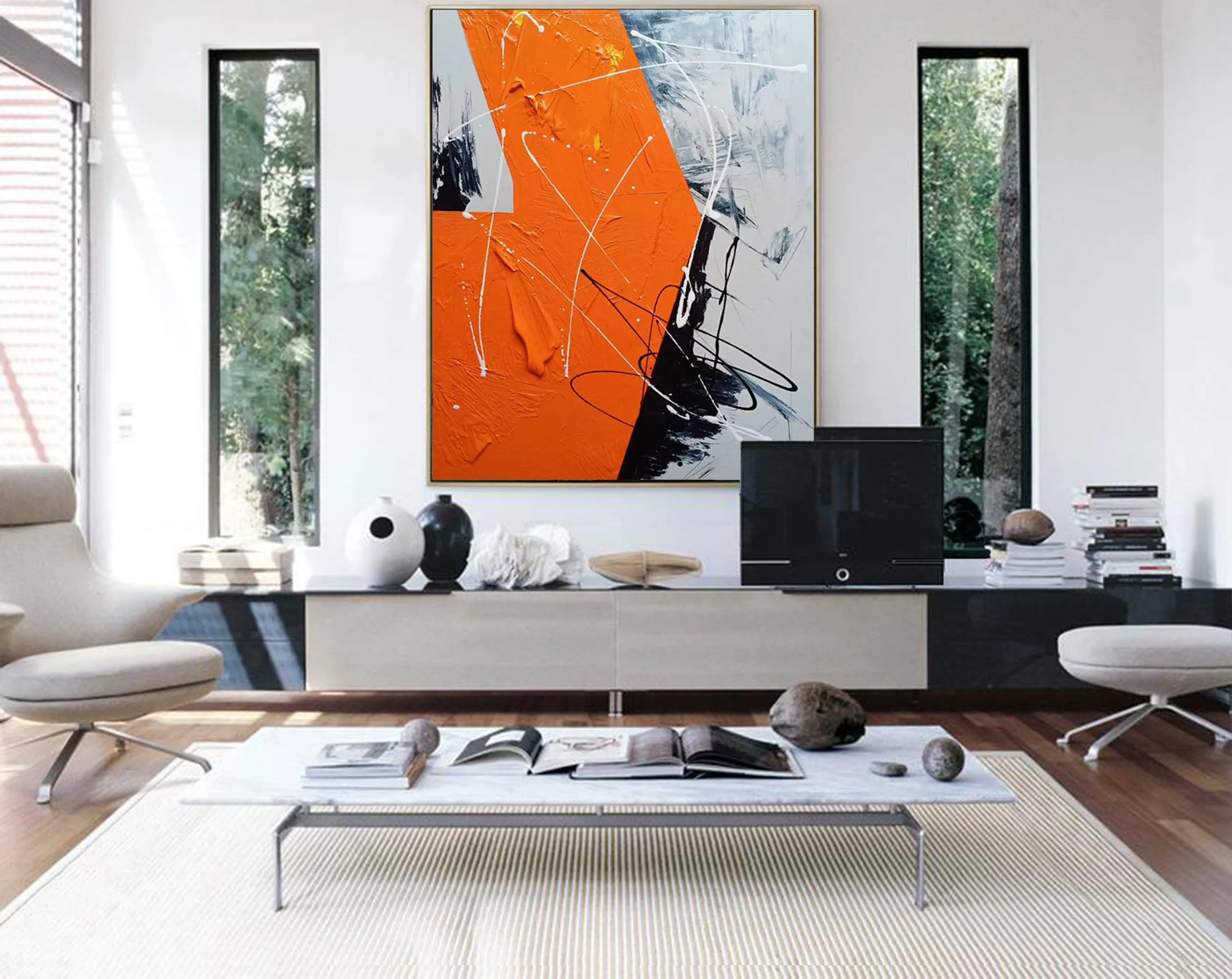 Black White Orange Abstract Painting Textured Wall Art Np091