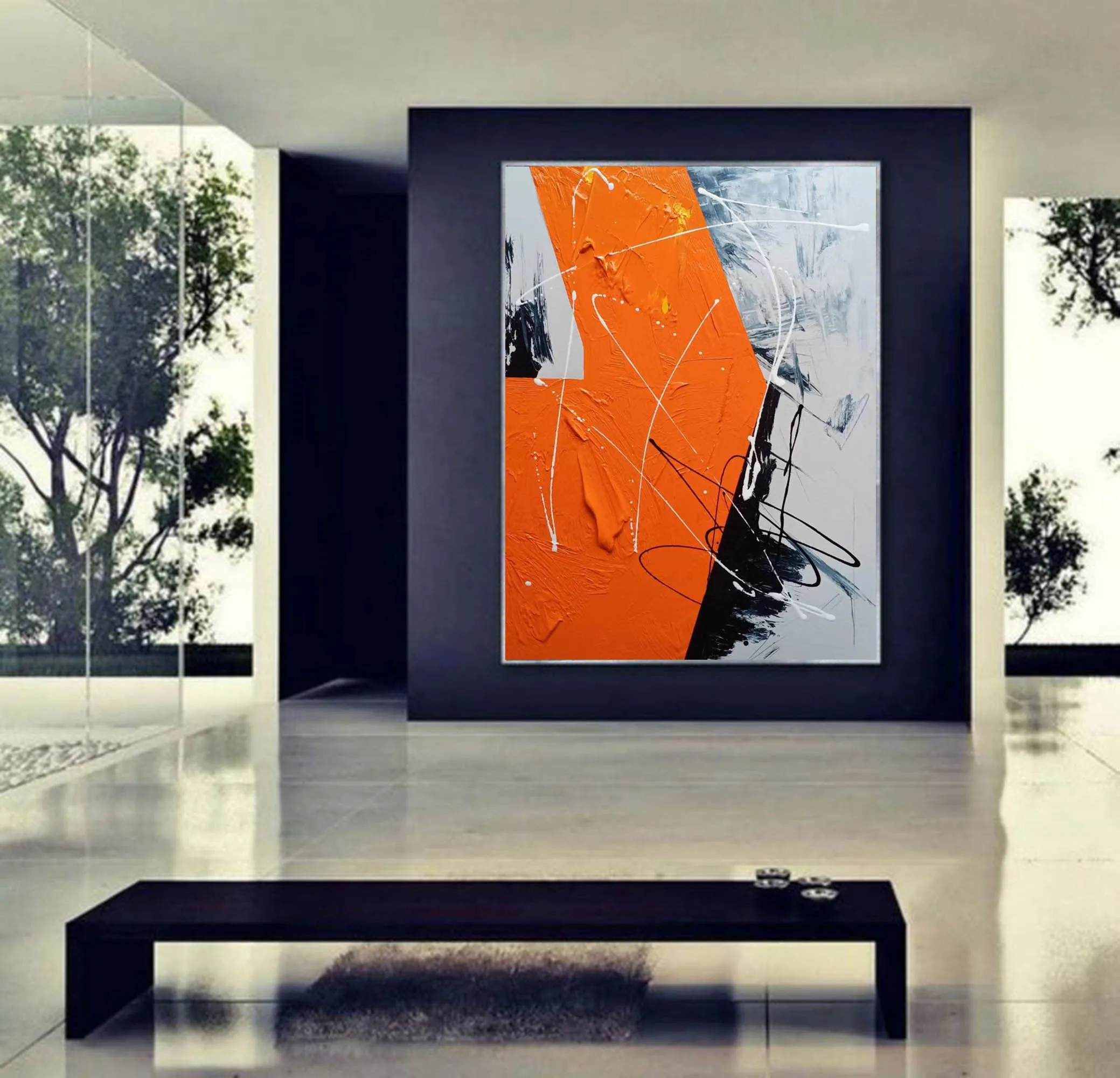 Black White Orange Abstract Painting Textured Wall Art Np091