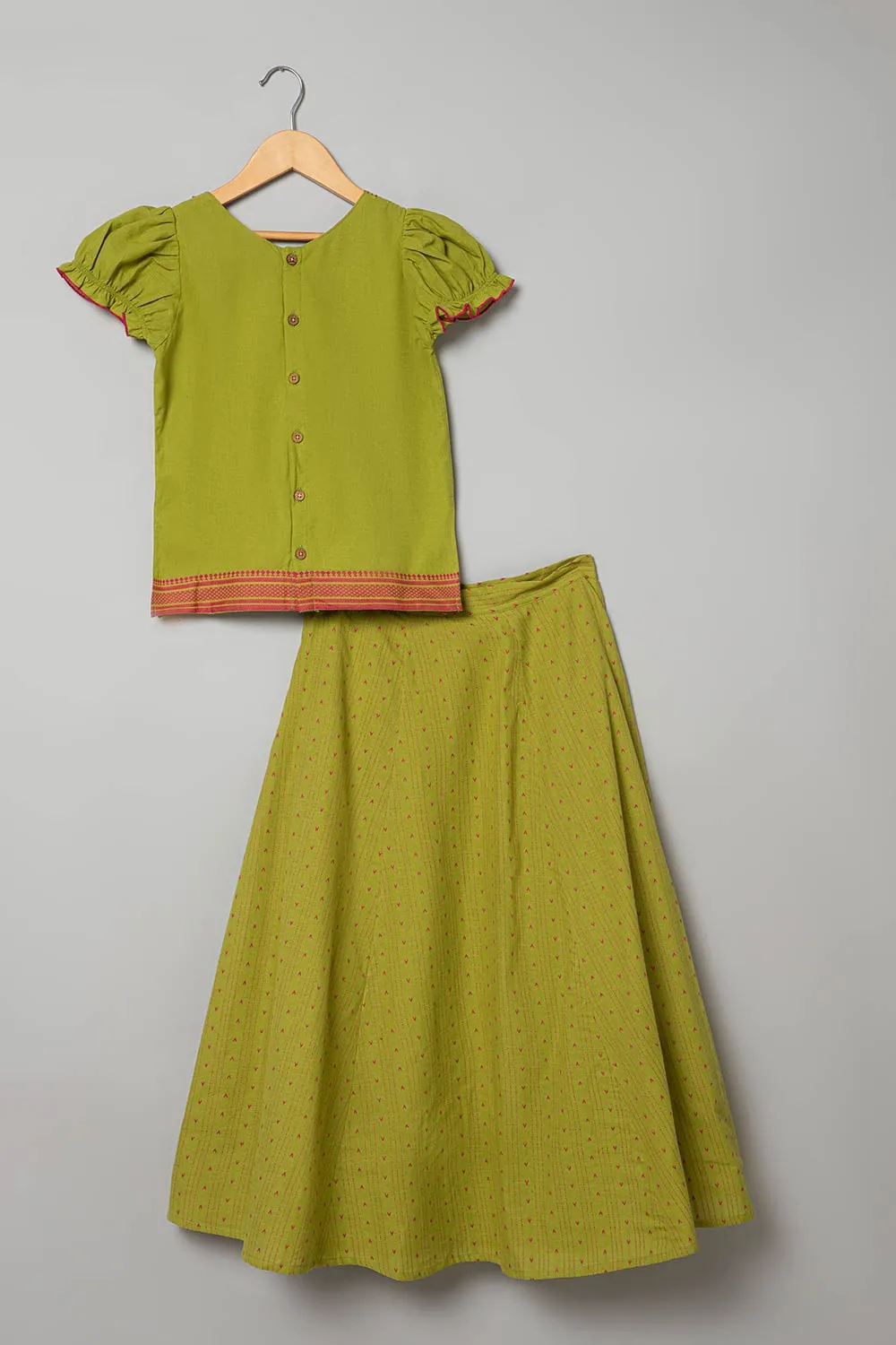 Chittythalli Puff Sleeve With Minimal Embroidery Top & Kali Skirt  Pavadai Set -  Light Green  - PS50