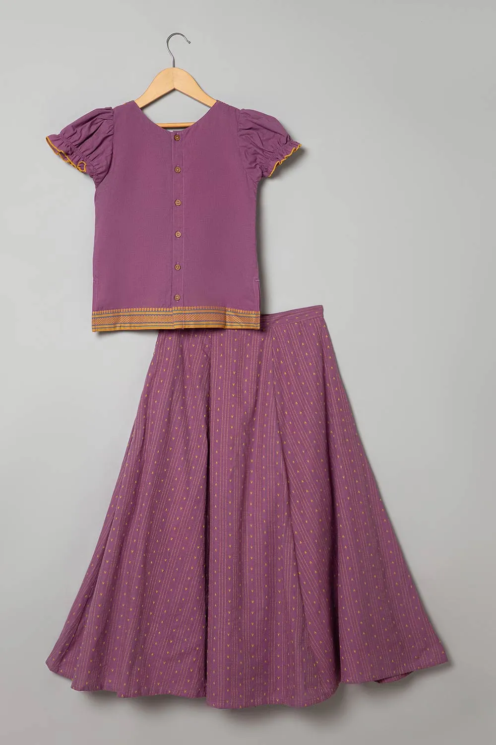 Chittythalli Puff Sleeve With Minimal Embroidery Top & Kali Skirt  Pavadai Set -  Purple  - PS50