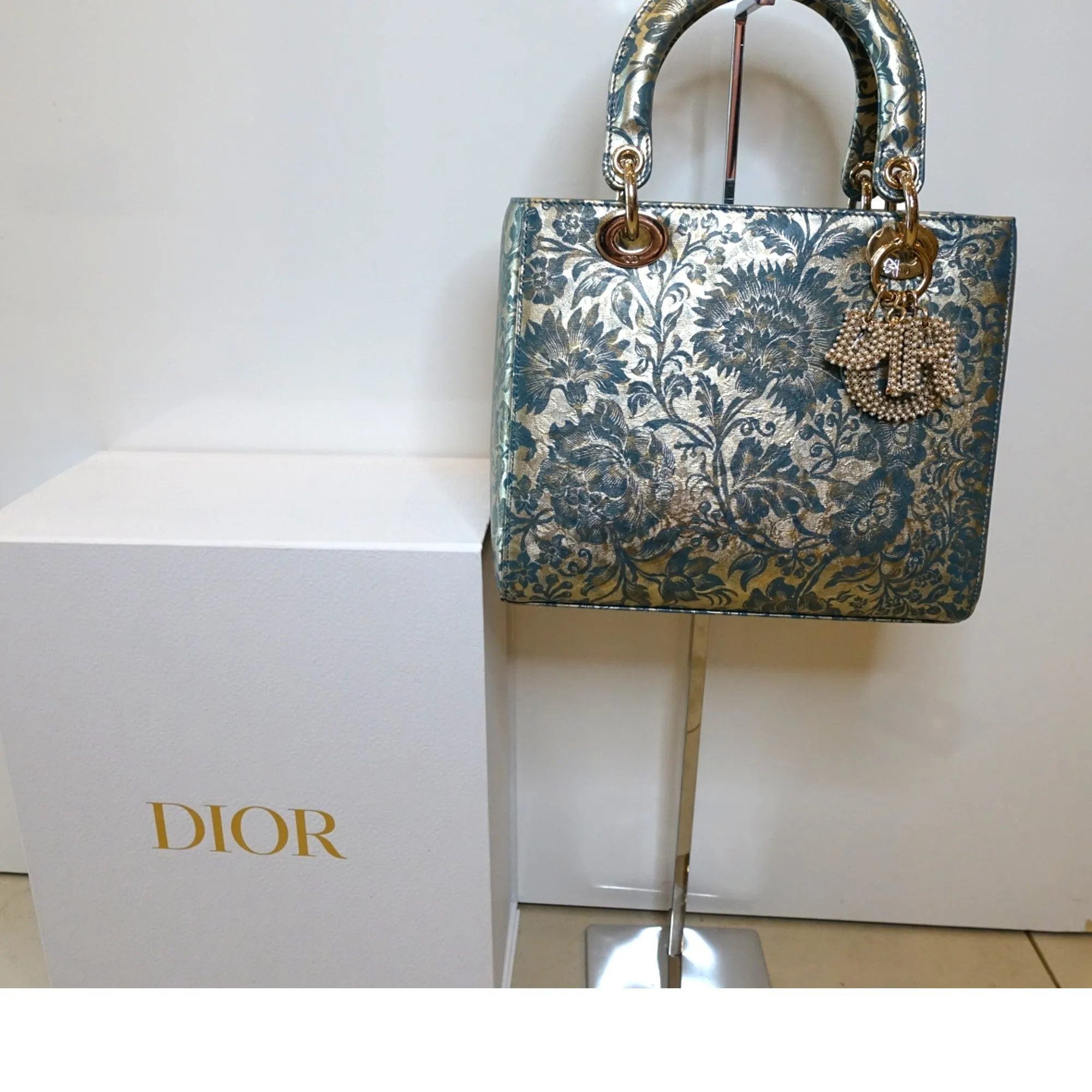 Christian Dior Lady Dior Small Floral Brocade Metallic Leather Handbag