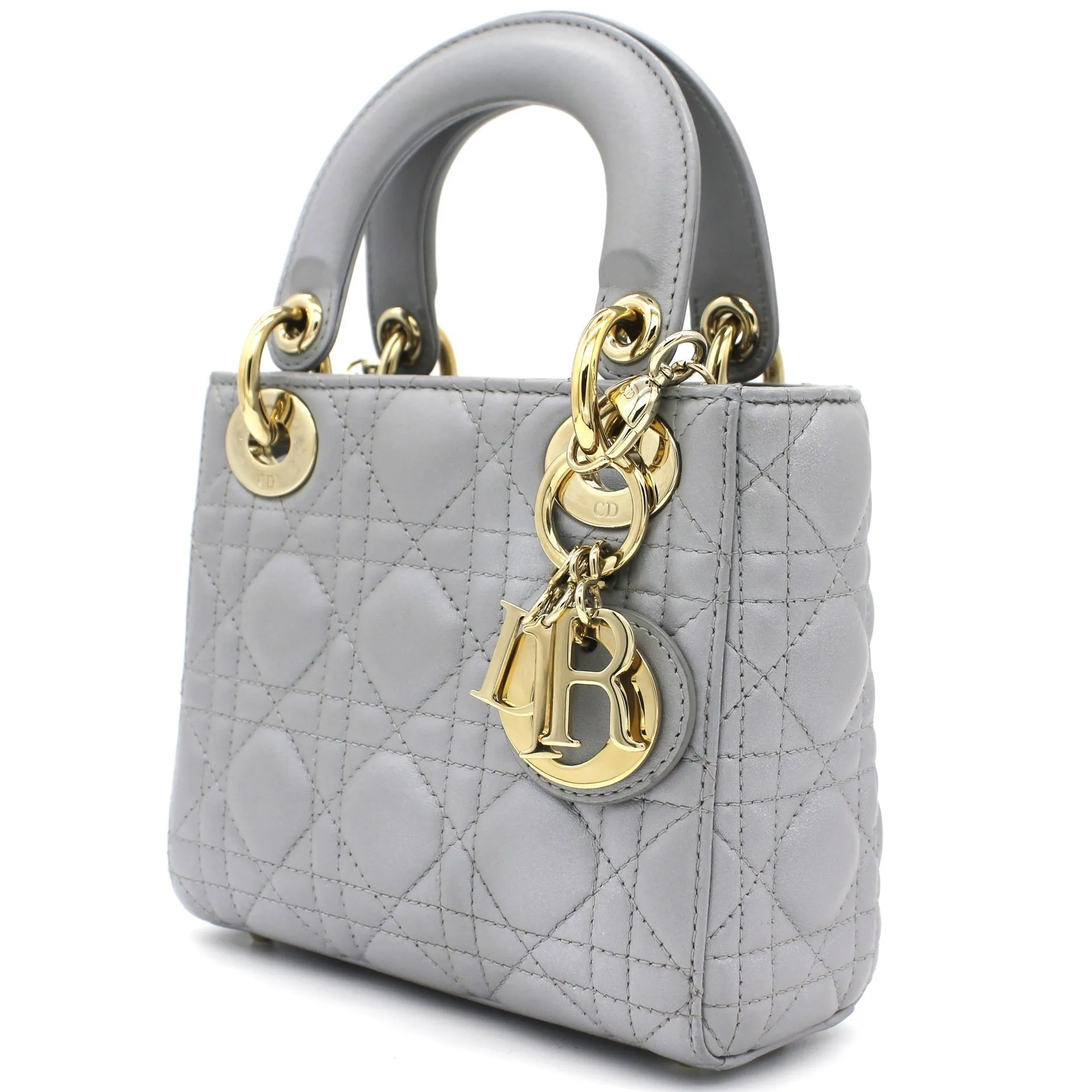 CHRISTIAN DIOR Mini Lady Dior Bag with Chain in Grey Pearly Lambskin