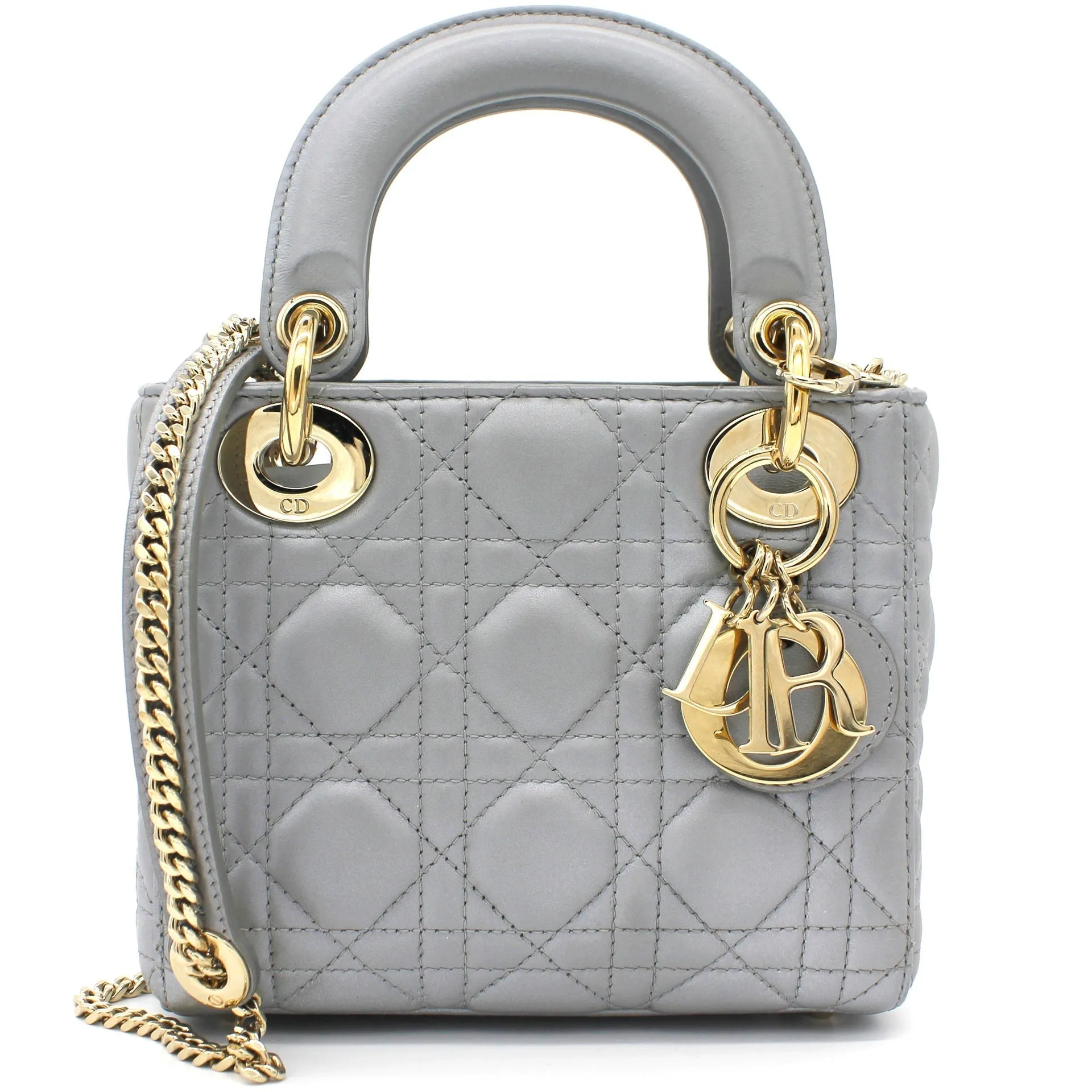 CHRISTIAN DIOR Mini Lady Dior Bag with Chain in Grey Pearly Lambskin