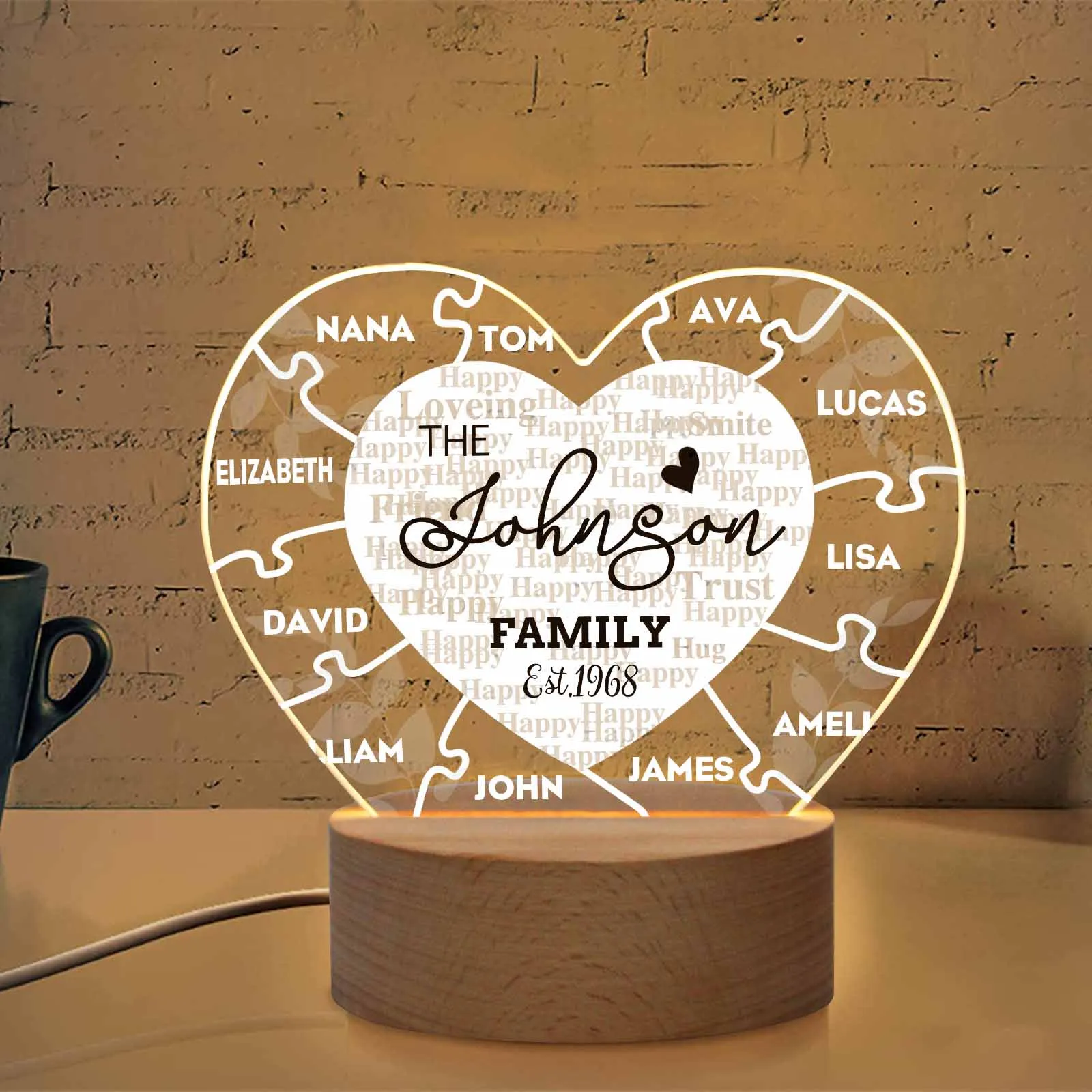 Custom Date&Family Name The Family Heart-Shaped Acrylic Panel With Light Base