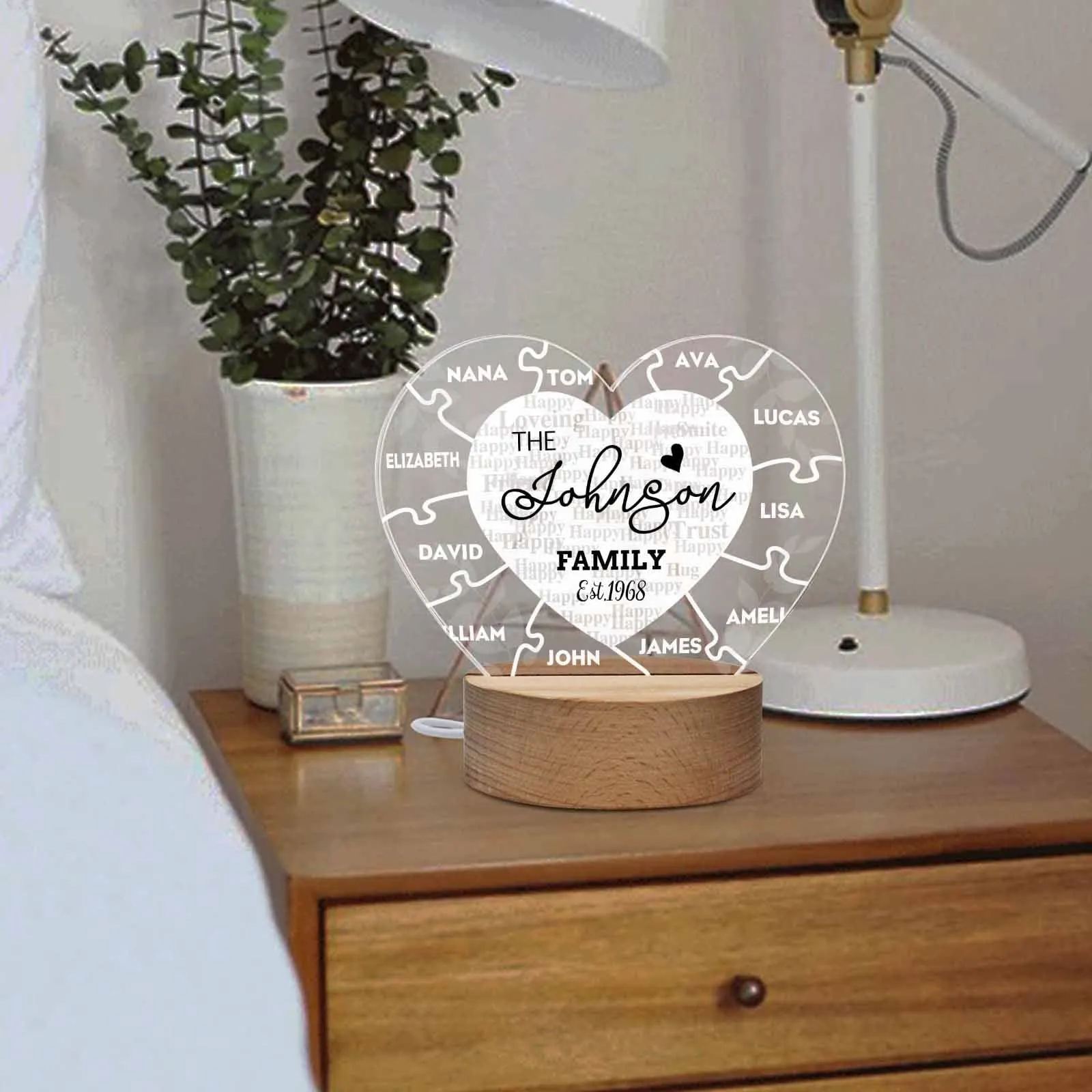 Custom Date&Family Name The Family Heart-Shaped Acrylic Panel With Light Base