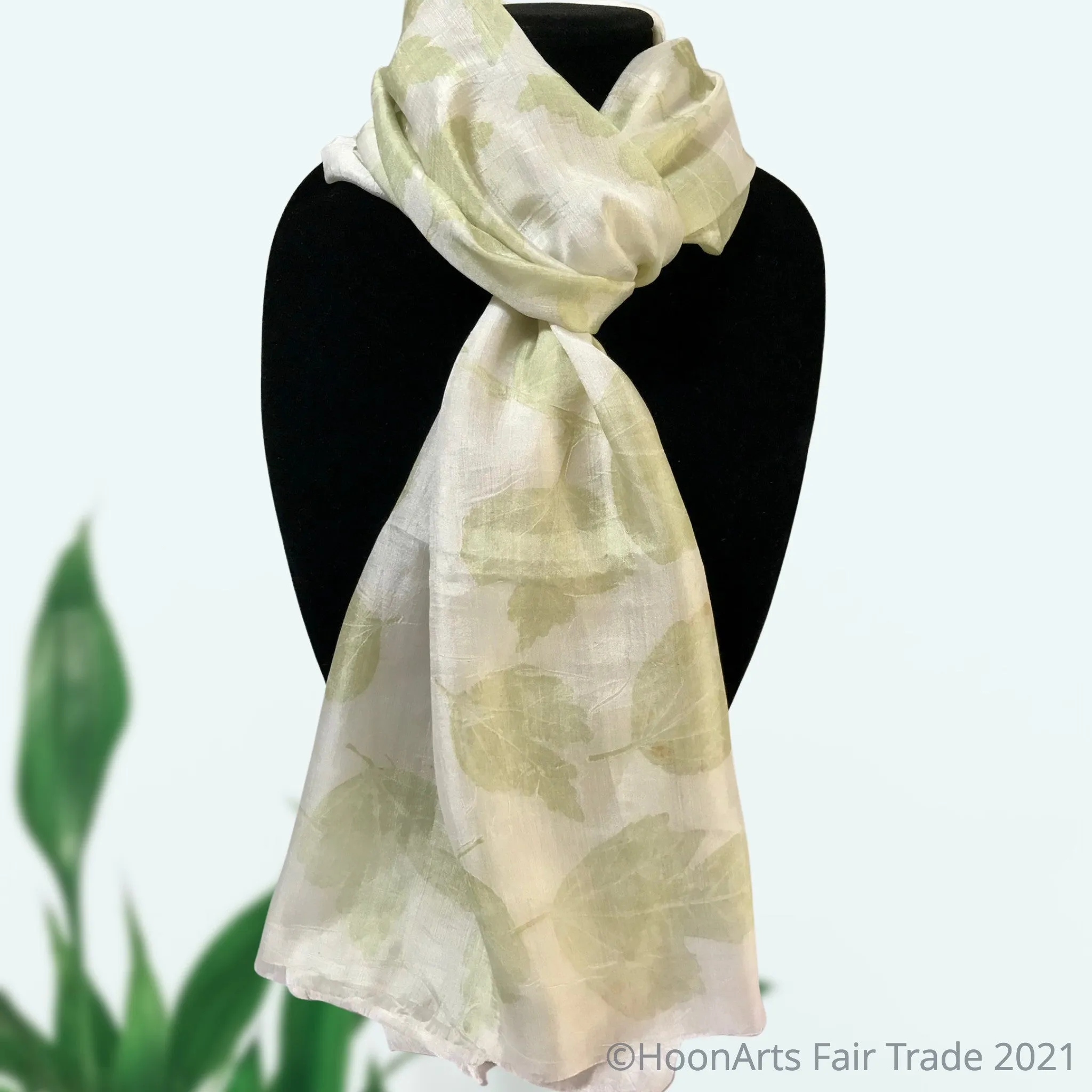 Eco-Printed Silk Scarf-Pale Green on White