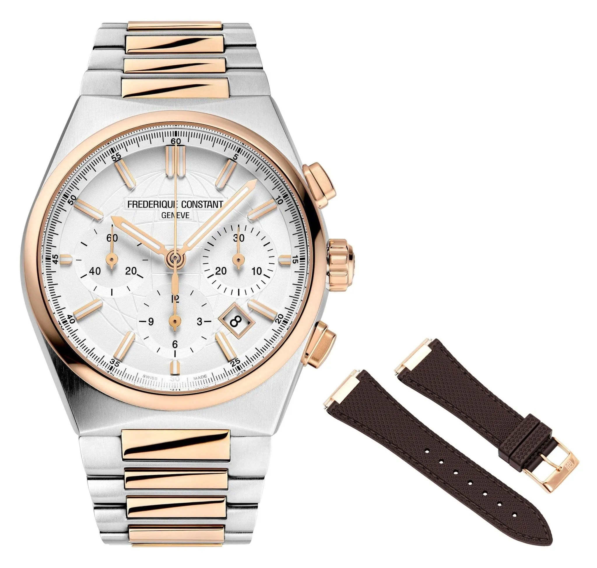 Frederique Constant Highlife Automatic Chronograph Two-Tone Stainless Steel Silver Dial Interchangeable Brown Rubber Strap Date Mens Watch FC-391V4NH2B