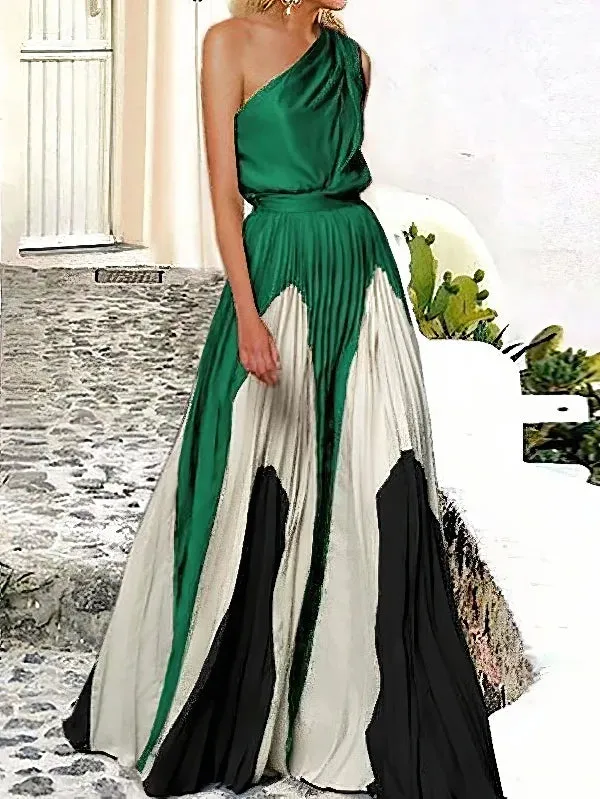 Freeacy 2023 New Female Printed Elegant Chic A-line Pleated Party Dress Summer One-Shoulder Prom Evening Maxi Dresses For Women