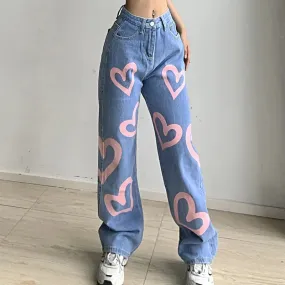 Getadme Brown Baggy Girl Jeans Women Heart Print New Aesthetic Vintage 90s Streetwear Denim Trousers Low Waist Straight Pants