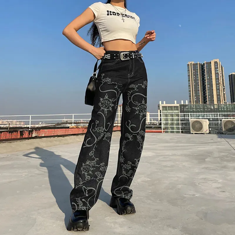 Getadme Brown Baggy Girl Jeans Women Heart Print New Aesthetic Vintage 90s Streetwear Denim Trousers Low Waist Straight Pants