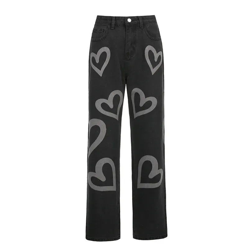 Getadme Brown Baggy Girl Jeans Women Heart Print New Aesthetic Vintage 90s Streetwear Denim Trousers Low Waist Straight Pants