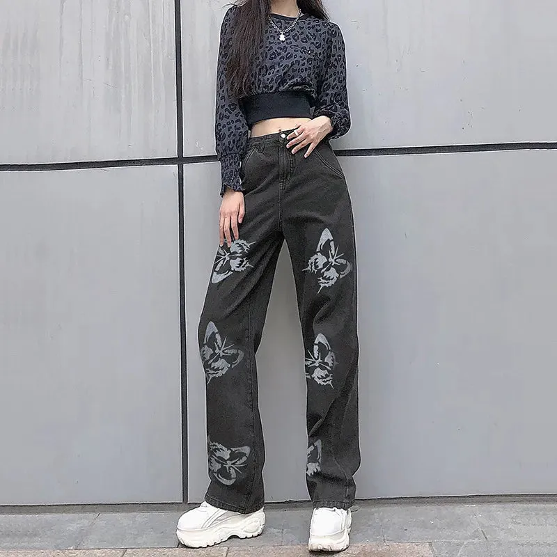 Getadme Brown Baggy Girl Jeans Women Heart Print New Aesthetic Vintage 90s Streetwear Denim Trousers Low Waist Straight Pants