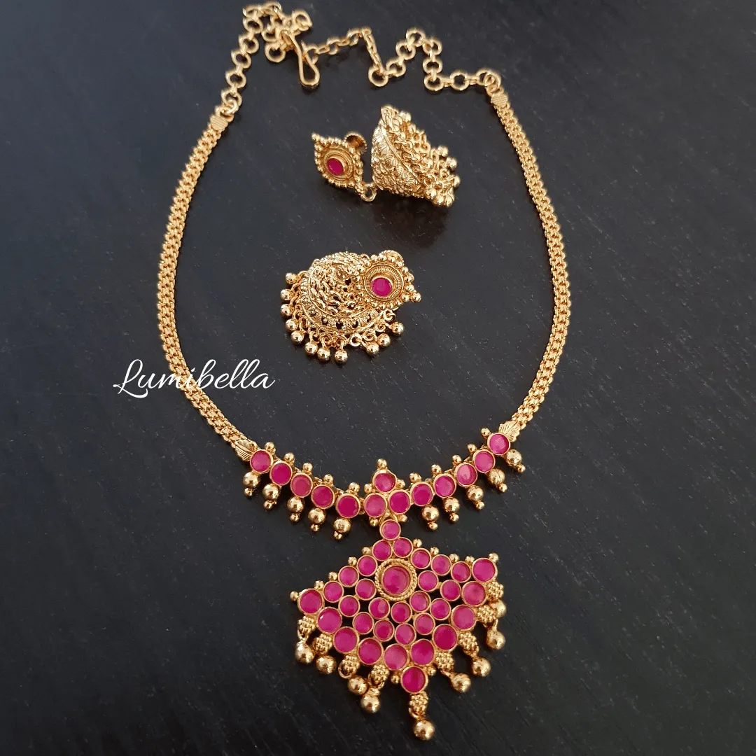 Gold Polish Floral Neckset with Ruby Stone Embellishment