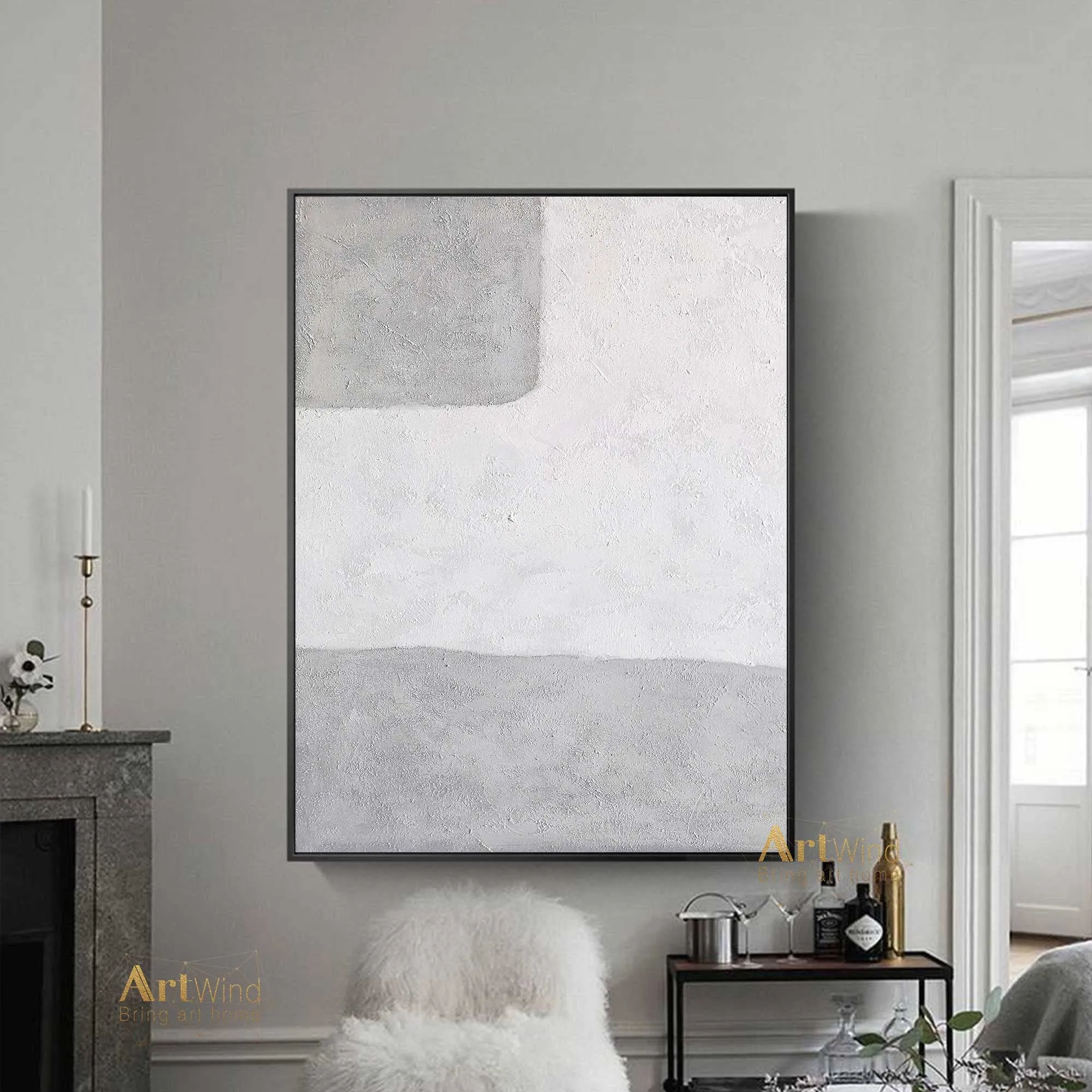 Gray And White Abstract Art Textured Acrylic Decor Minimalist Painting Dp039