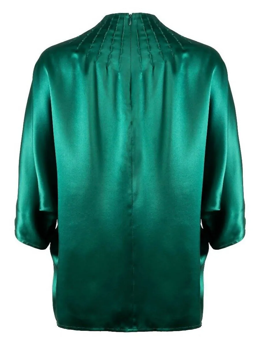 GREEN SILK BLOUSE "CAMELLIA" WITH PIPING DETAILS