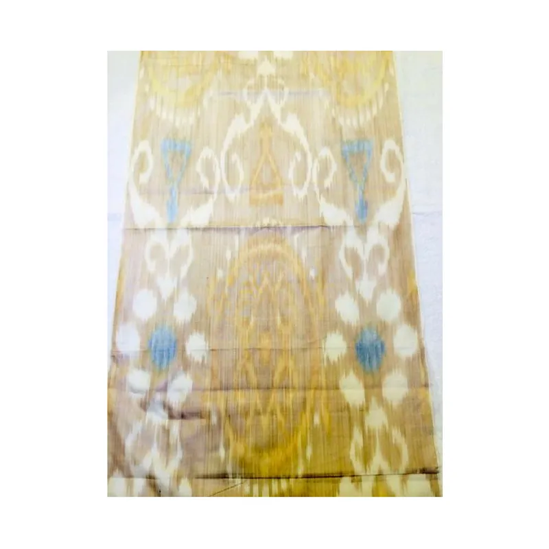 Hand-dyed, Handwoven, Ikat Fabric, Silk Cream, Light Brown and Blue