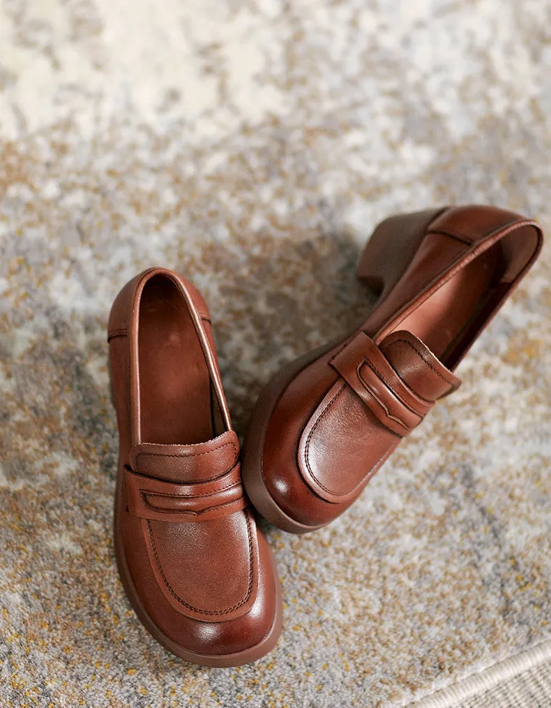 Handmade Retro Leather Chunky Heels Loafers for Women