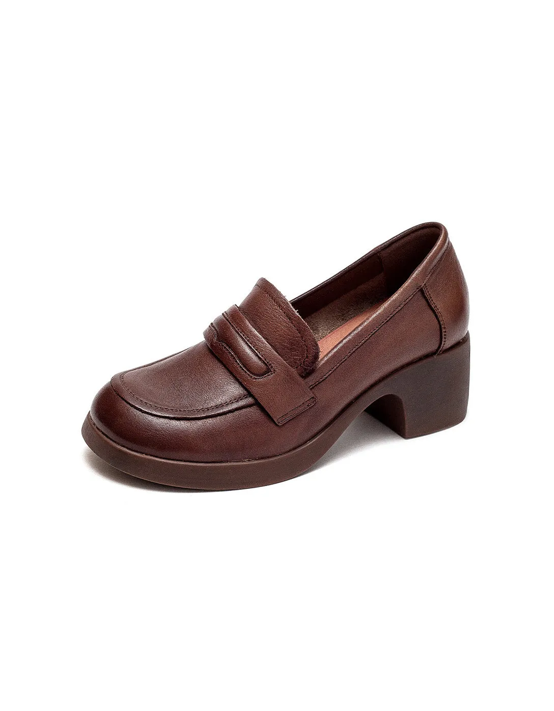 Handmade Retro Leather Chunky Heels Loafers for Women