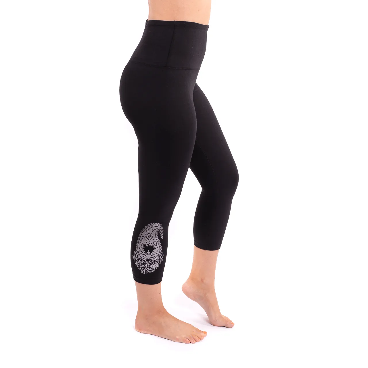 High Waist Tummy Tuck Paisley Foil Black Yoga Capri Leggings