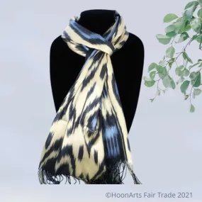 Ikat Silk Scarf-Cotton/Silk Blend-Black & Blue on Cream