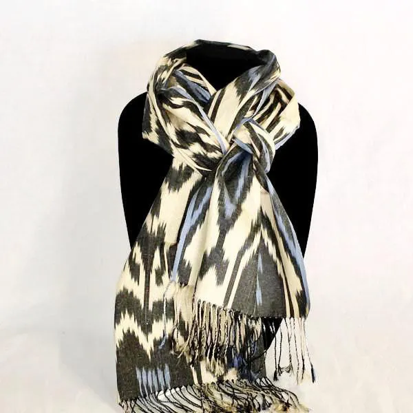 Ikat Silk Scarf-Cotton/Silk Blend-Black & Blue on Cream