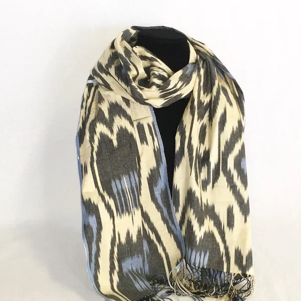 Ikat Silk Scarf-Cotton/Silk Blend-Black & Blue on Cream