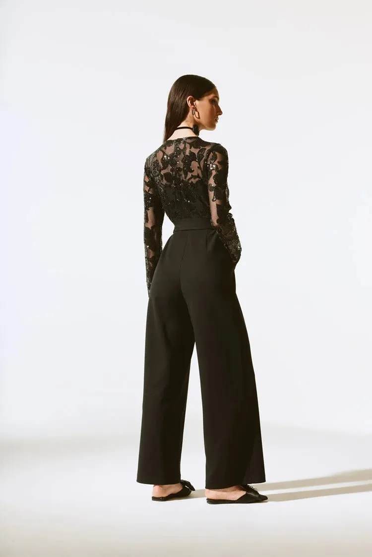 Joseph Ribkoff Black Scuba Crepe And Sequins Mesh Jumpsuit