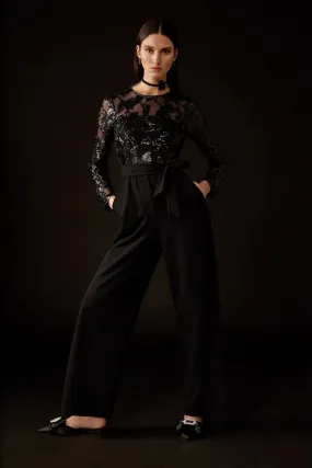 Joseph Ribkoff Black Scuba Crepe And Sequins Mesh Jumpsuit