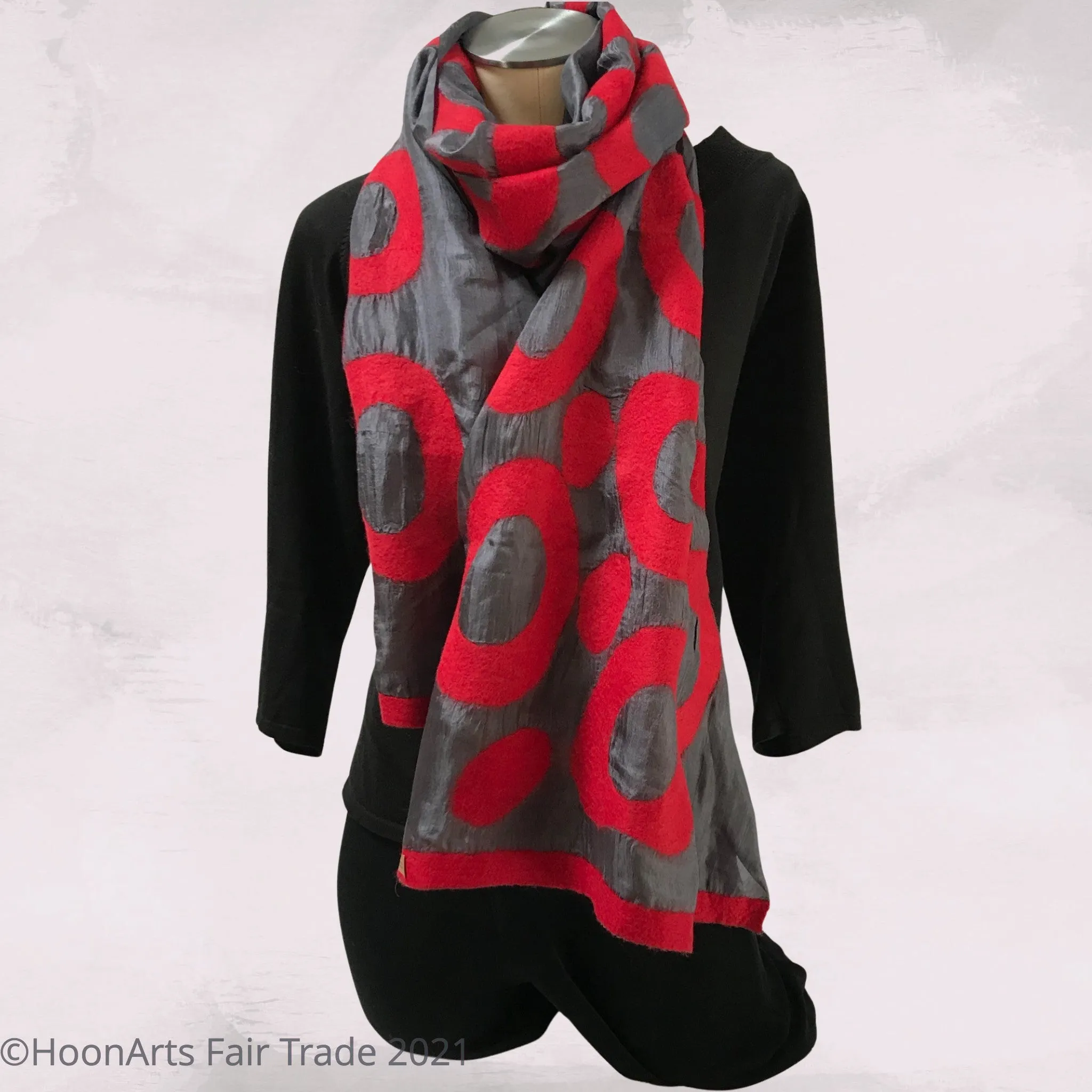 Kyrgyz Hand-felted Silk Scarf/Shawl, Red Circles on Dark Grey