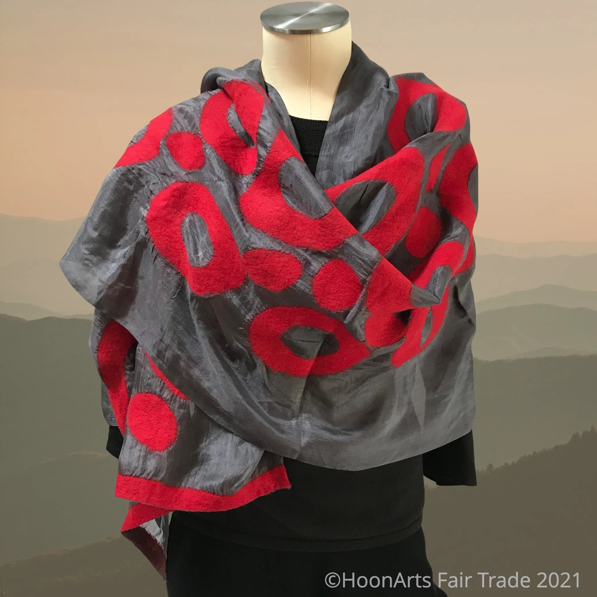 Kyrgyz Hand-felted Silk Scarf/Shawl, Red Circles on Dark Grey