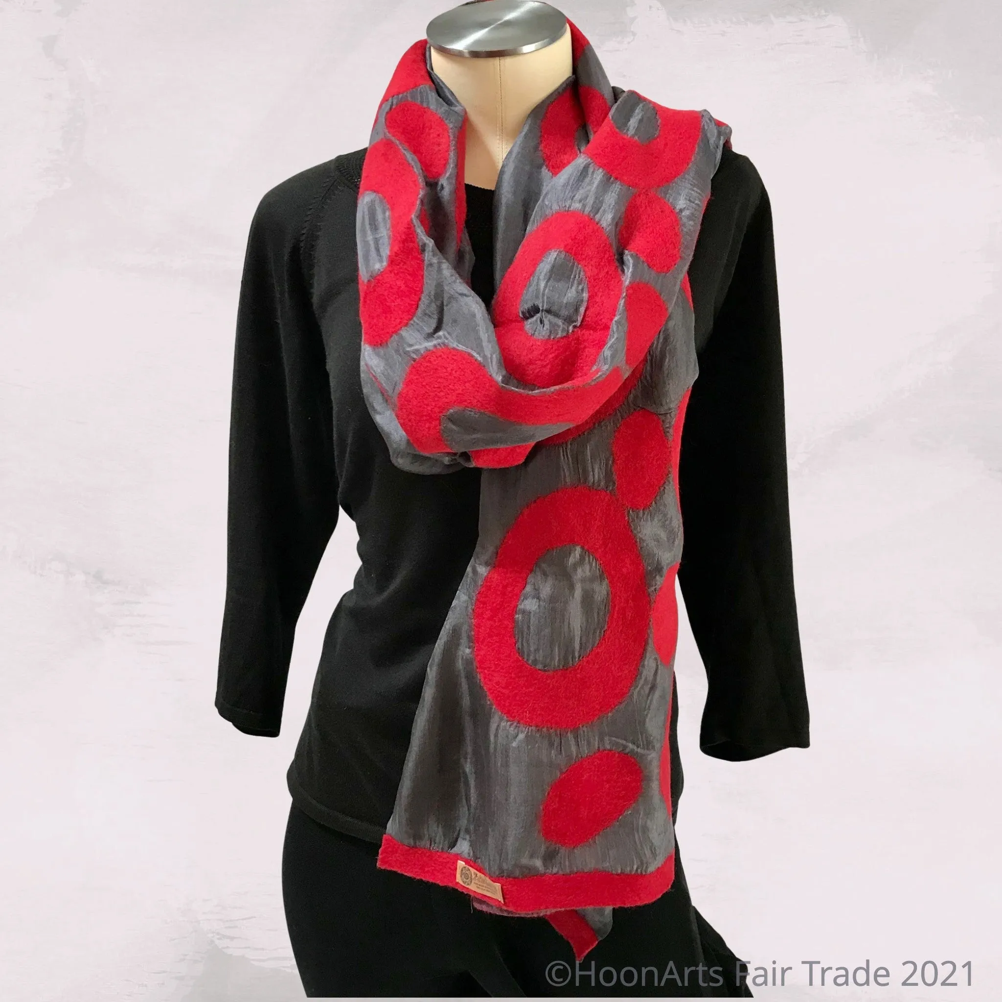 Kyrgyz Hand-felted Silk Scarf/Shawl, Red Circles on Dark Grey