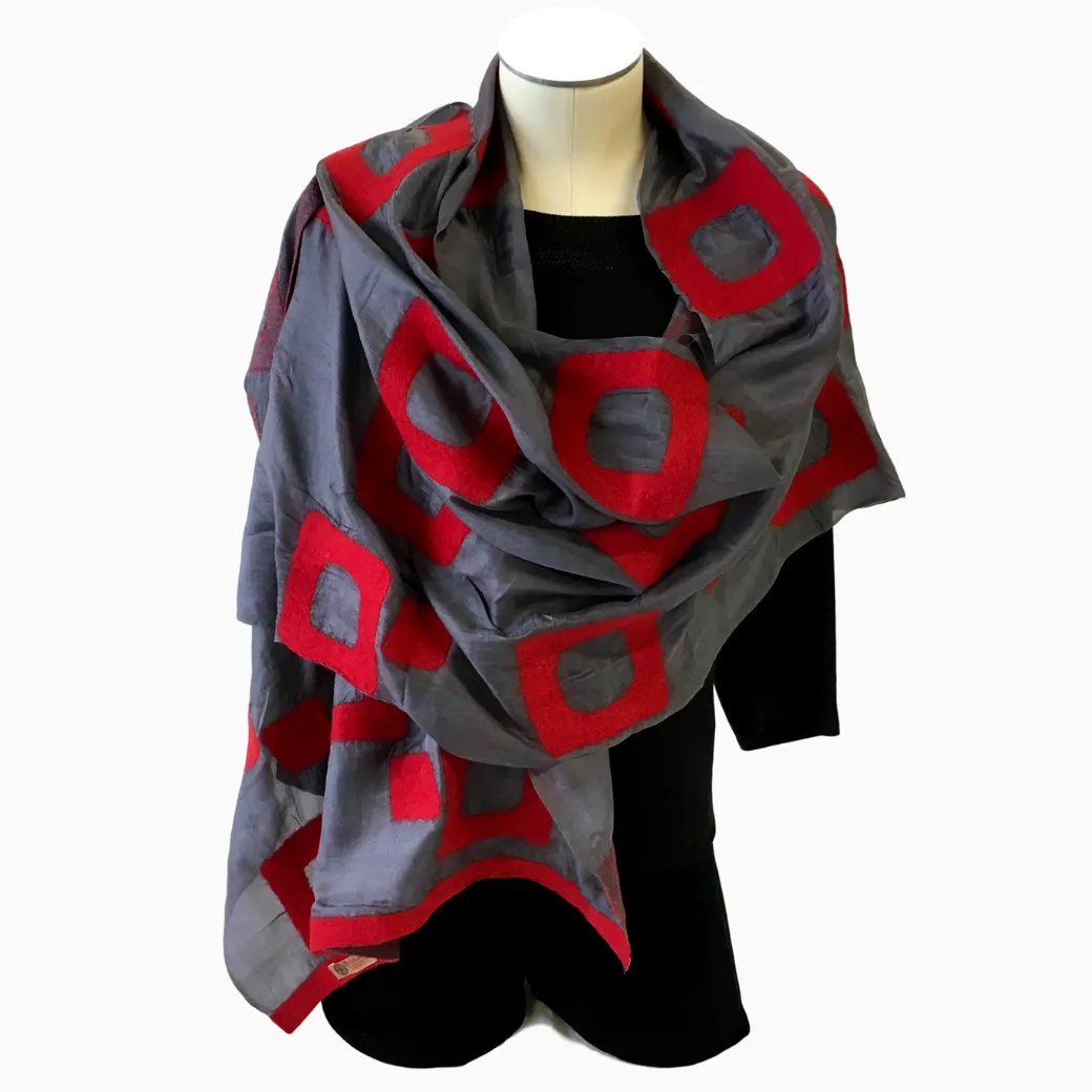 Kyrgyz Hand-Felted Silk Scarf/Shawl, Red Rectangles on Grey