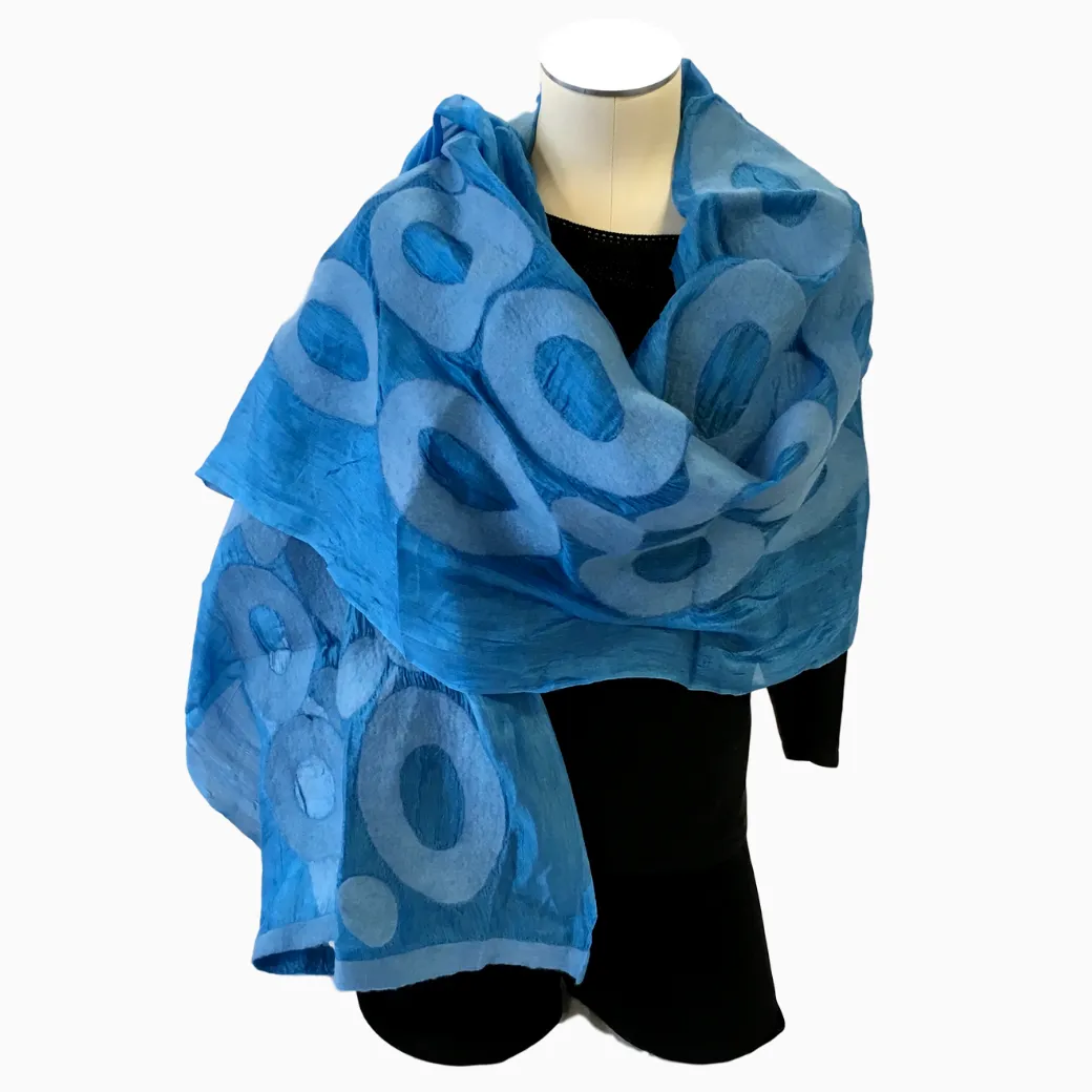 Kyrgyz Hand-felted Silk Scarf/Shawl, Solid Blue Circles Pattern