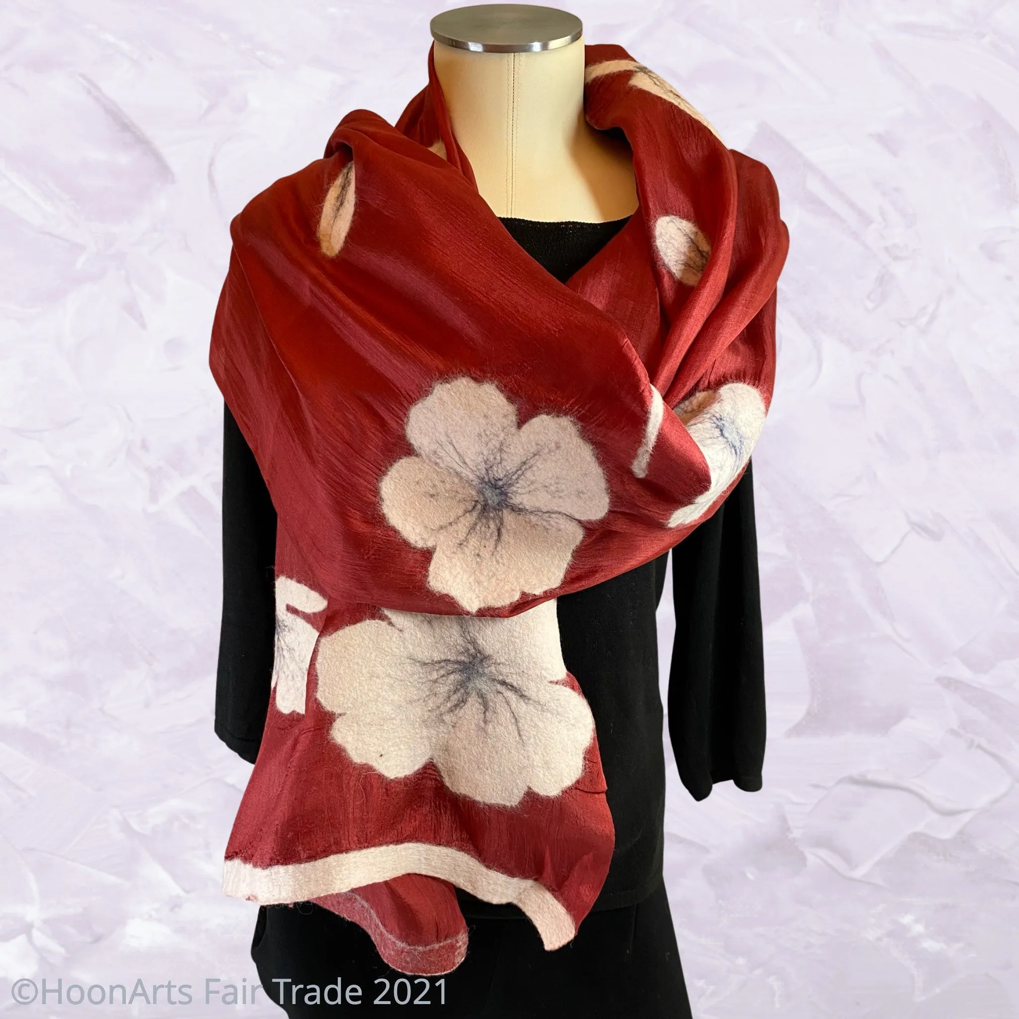 Kyrgyz Silk and Felted Scarf, Alumni White Poppies on Red Silk