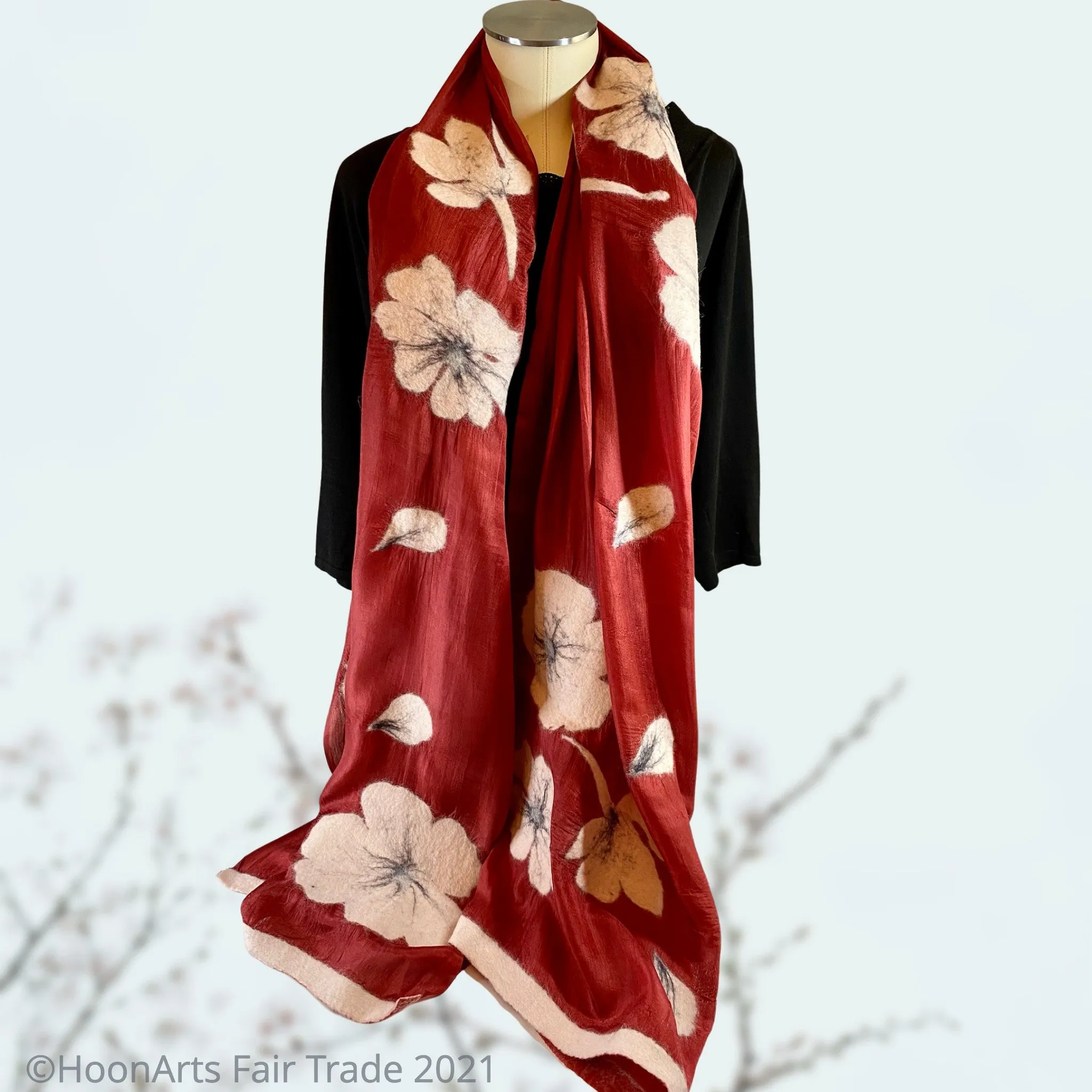 Kyrgyz Silk and Felted Scarf, Alumni White Poppies on Red Silk