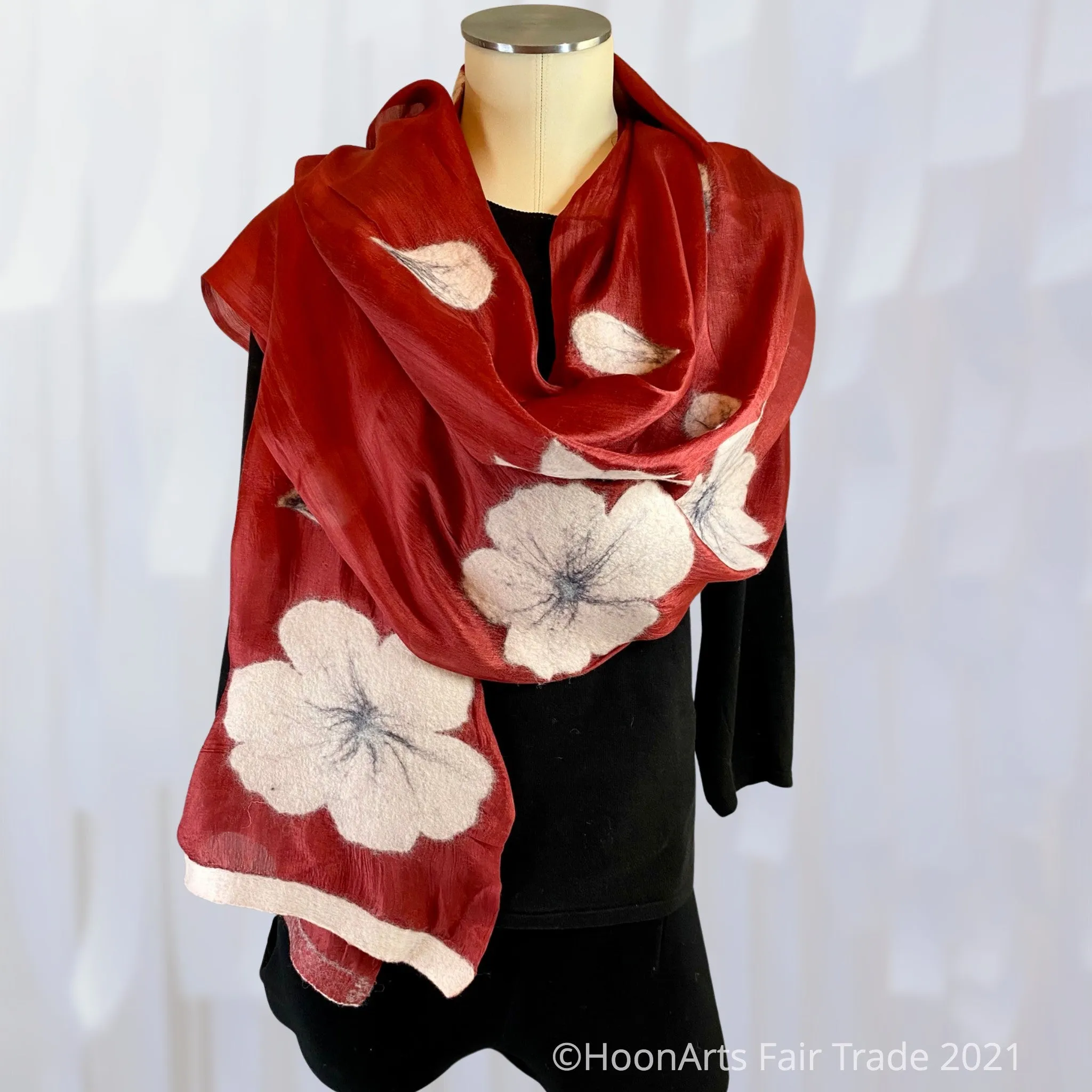 Kyrgyz Silk and Felted Scarf, Alumni White Poppies on Red Silk