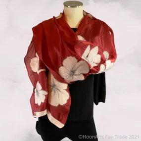 Kyrgyz Silk and Felted Scarf, Alumni White Poppies on Red Silk