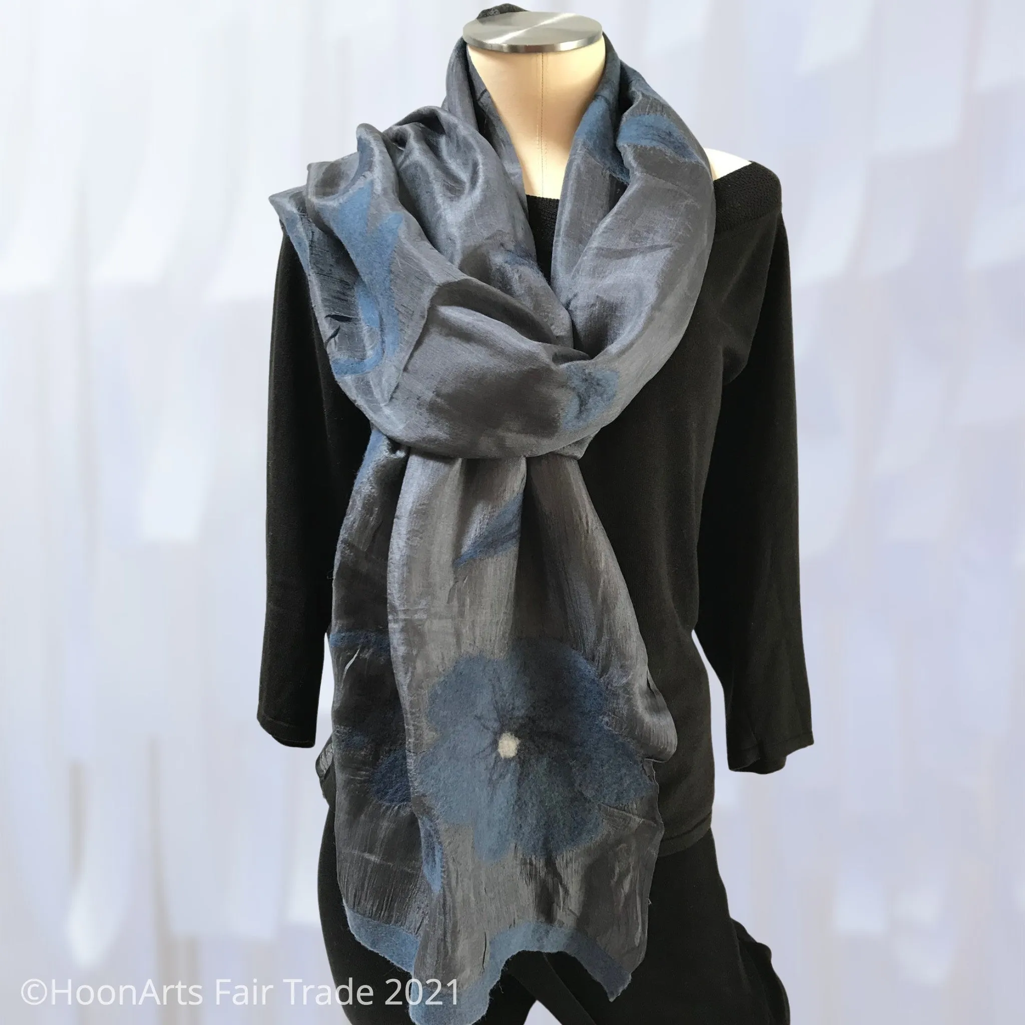 Kyrgyz Silk and Felted Scarf, Blue Poppies on Charcoal